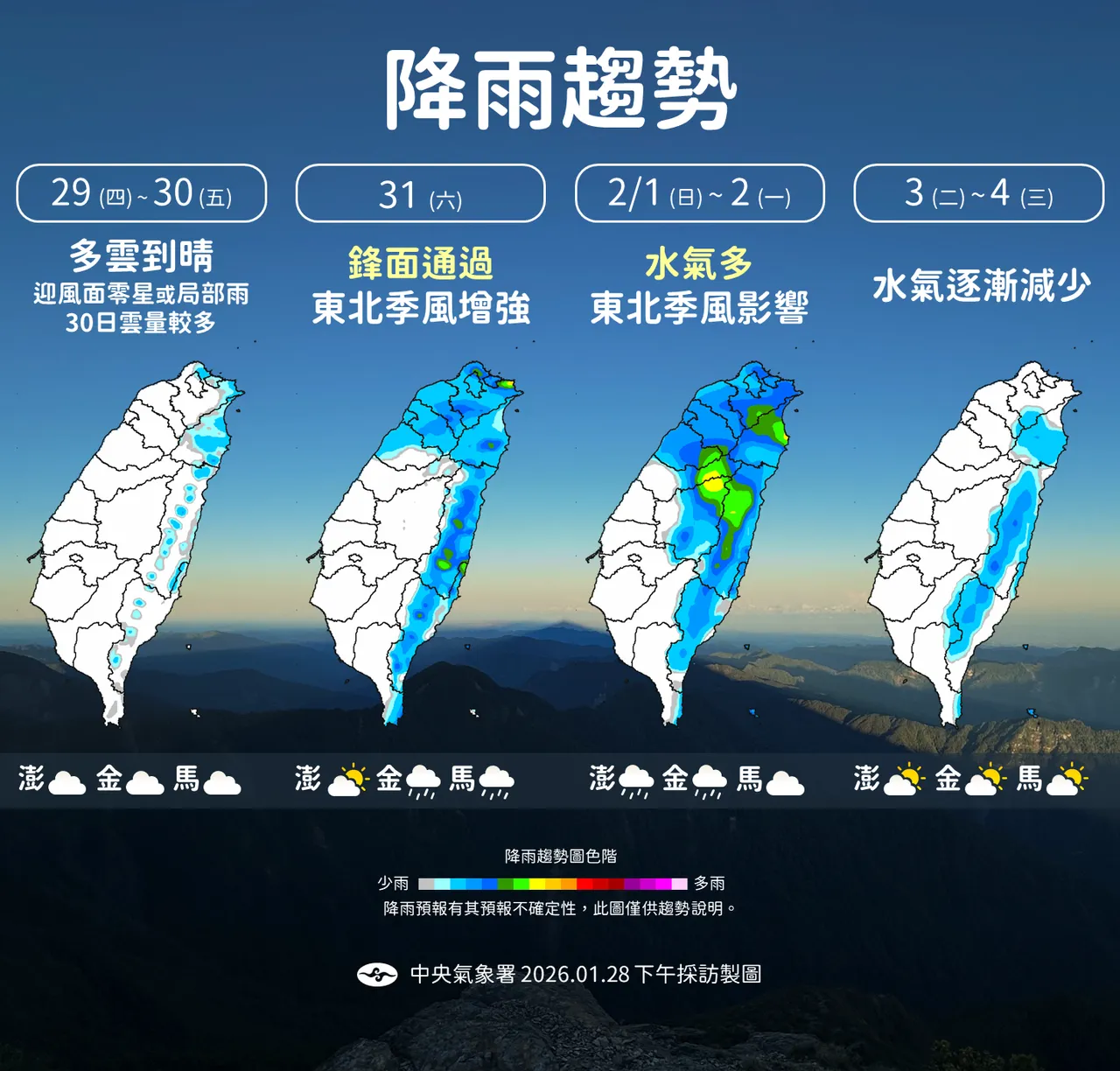 一週（1月29日至2月4日）降雨趨勢。中央氣象署提供