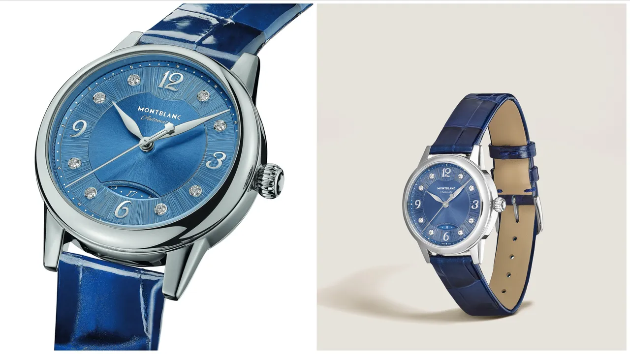 萬寶龍寶曦系列日期顯示自動腕錶，30mm，拋光處理精鋼錶殼，藍色錶盤，藍色鱷魚皮紋小牛皮錶帶/精鋼錶鍊，MB 24.19自動上鍊機械機芯，動力儲存38小時，防水深度30米，皮帶款12萬2300元、鍊帶款13萬2500元。品牌提供