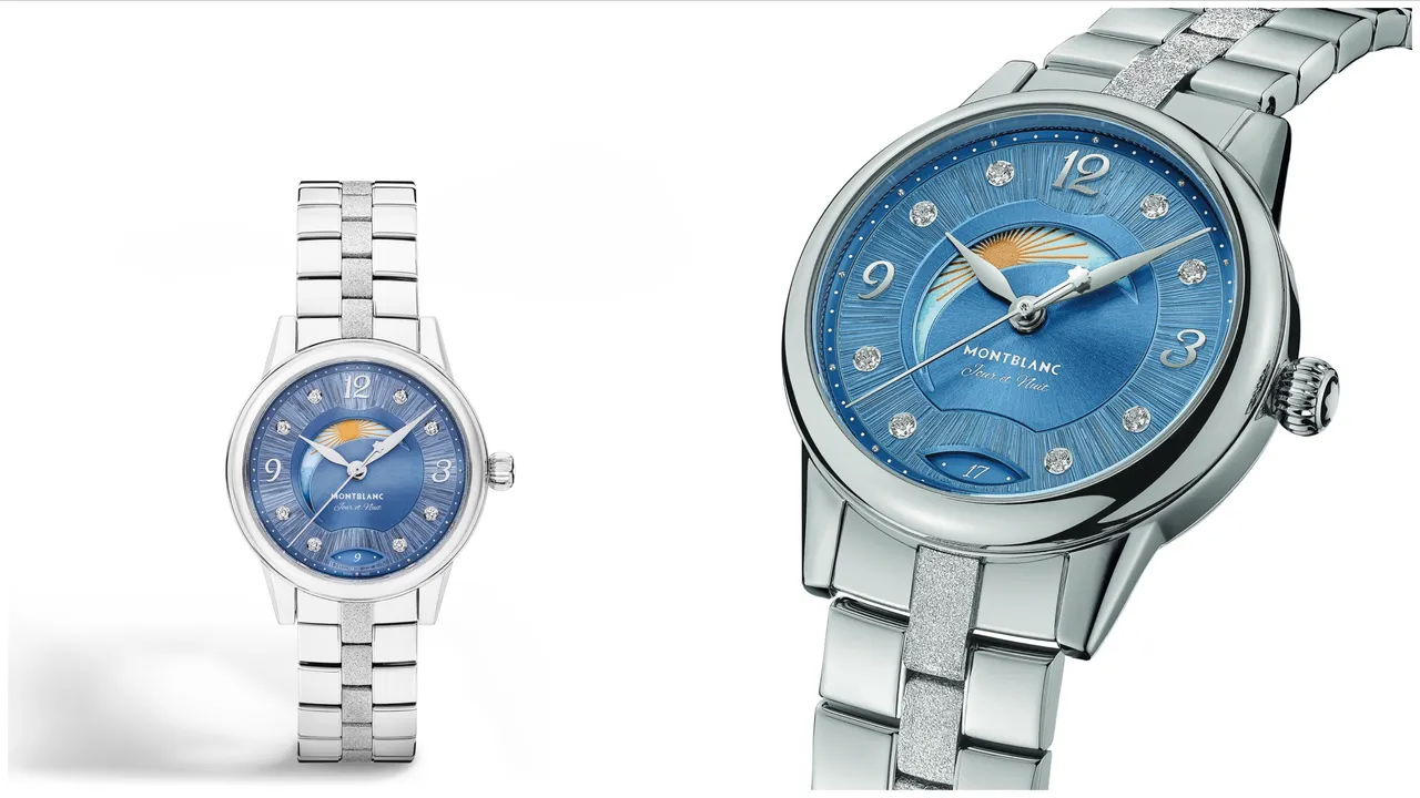 萬寶龍寶曦系列晝夜顯示腕錶，30mm，拋光處理精鋼錶殼，藍色錶盤，藍色鱷魚皮紋小牛皮錶帶/精鋼錶鍊，MB 24.20自動上鍊機芯，動力儲存42小時，防水深度30米。品牌提供
