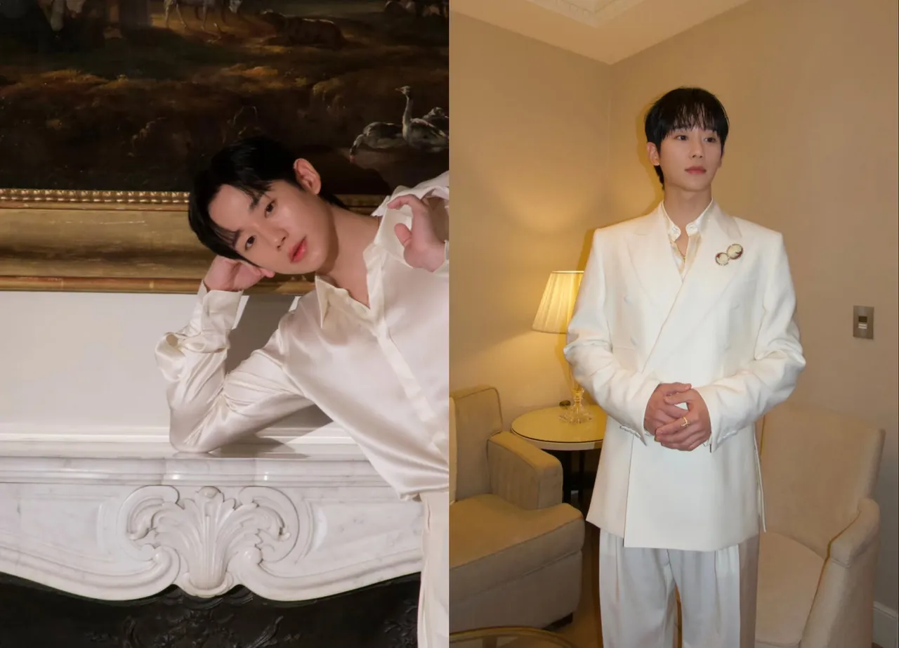 丁海寅在白色西裝內搭絲質襯衫，更有貴公子氛圍。翻攝丁海寅IG