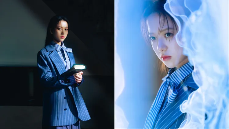 項婕如穿著藍色條紋西裝外套、襯衫，營造出偵探助手的冷靜思維。品牌提供