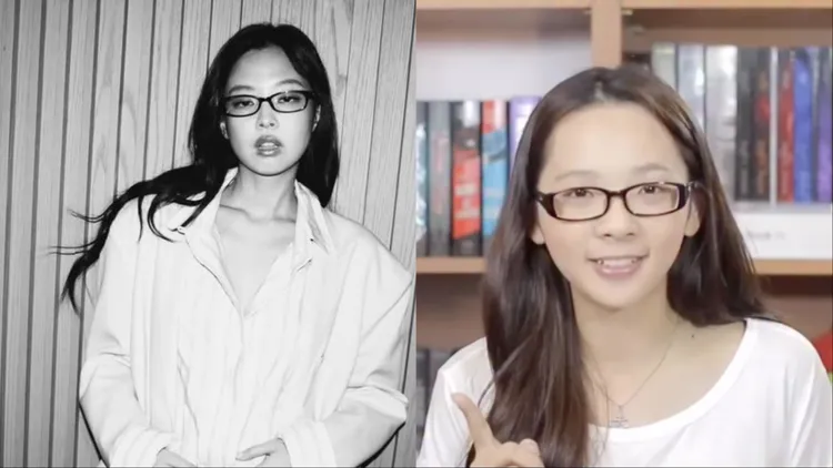 Jennie（左）中分、黑框眼鏡的造型，撞臉Youtuber「滴妹」（右）。左圖翻攝Jennie IG、右圖翻攝滴妹IG