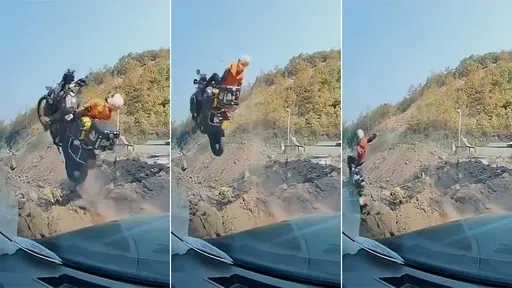 女騎士機車失控「飛下山坡」　影片瘋傳！奇蹟毫髮無傷