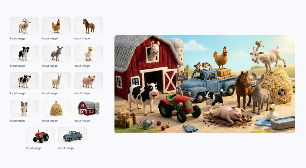 Nano Banana 2示範畫面可同時整合多張輸入圖片（左側）後，在單一場景中維持多角色與物件外觀一致性，呈現高細節、敘事感強的農場場景，展現角色保留與視覺穩定度提升。Google官網