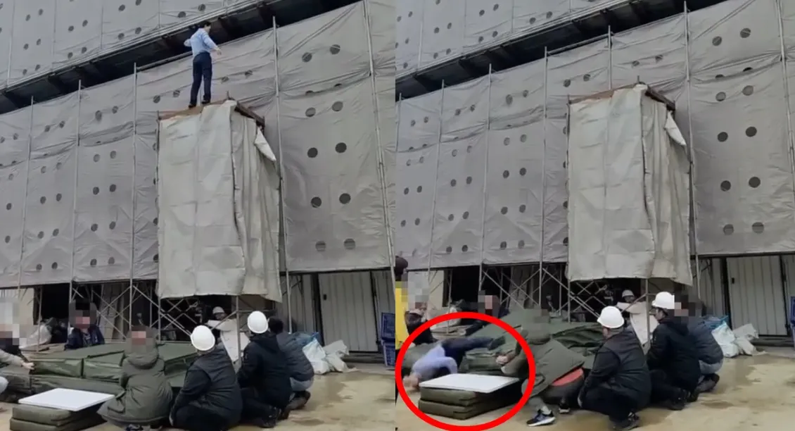 《豆腐媽媽》替身蘇德揚墜地瞬間影片曝光。台北市電影戲劇業職業工會提供