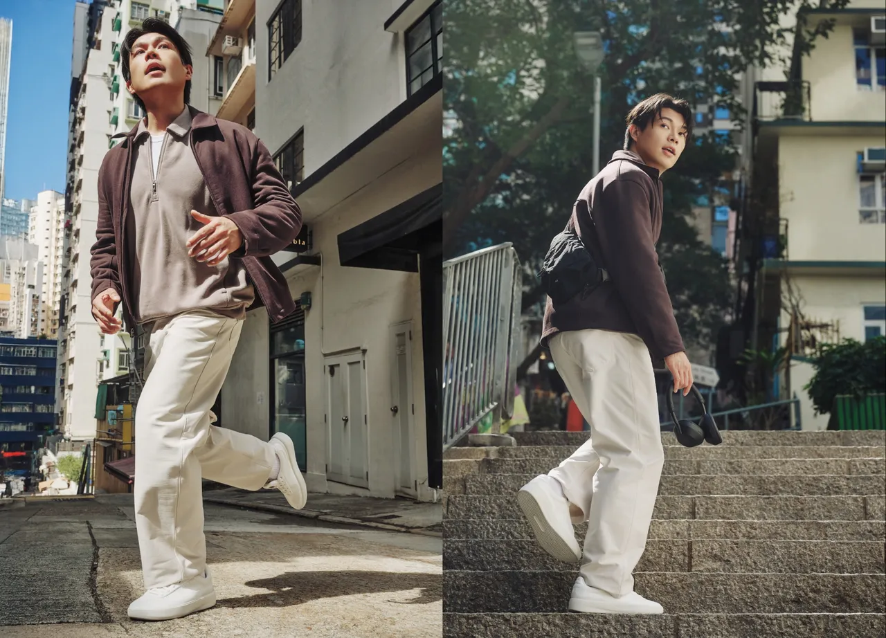 柯煒林穿著lululemon EasyFive鬆身直筒長褲5280元、Steady State半拉鍊式Polo衫4480元、搖粒絨全拉鍊式外套式恤衫6180元、Curved斜背包3L 2680元。品牌提供