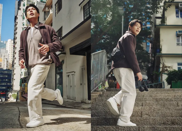 柯煒林穿著lululemon EasyFive鬆身直筒長褲5280元、Steady State半拉鍊式Polo衫4480元、搖粒絨全拉鍊式外套式恤衫6180元、Curved斜背包3L 2680元。品牌提供