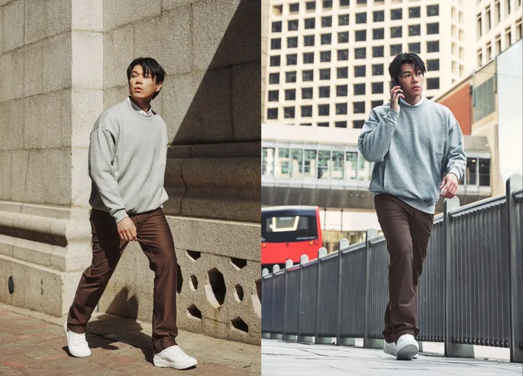 柯煒林穿著lululemon EasyFive經典直筒長褲5280元、New Venture長袖恤衫3980元、Big Cozy男士圓領上衣4480元。品牌提供