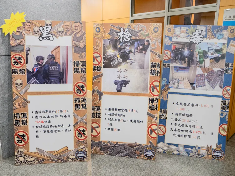 新北市警察局展示「安心五大面向」淨化治安成果(強力肅清「黑、槍、毒、賭、詐」背板)。翻攝畫面