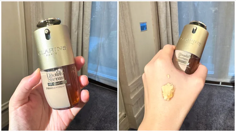 克蘭詩黃金雙萃精華粉底液，以雙管設計將高濃度養膚水精華與光感粉底乳各自保存。張家玲攝