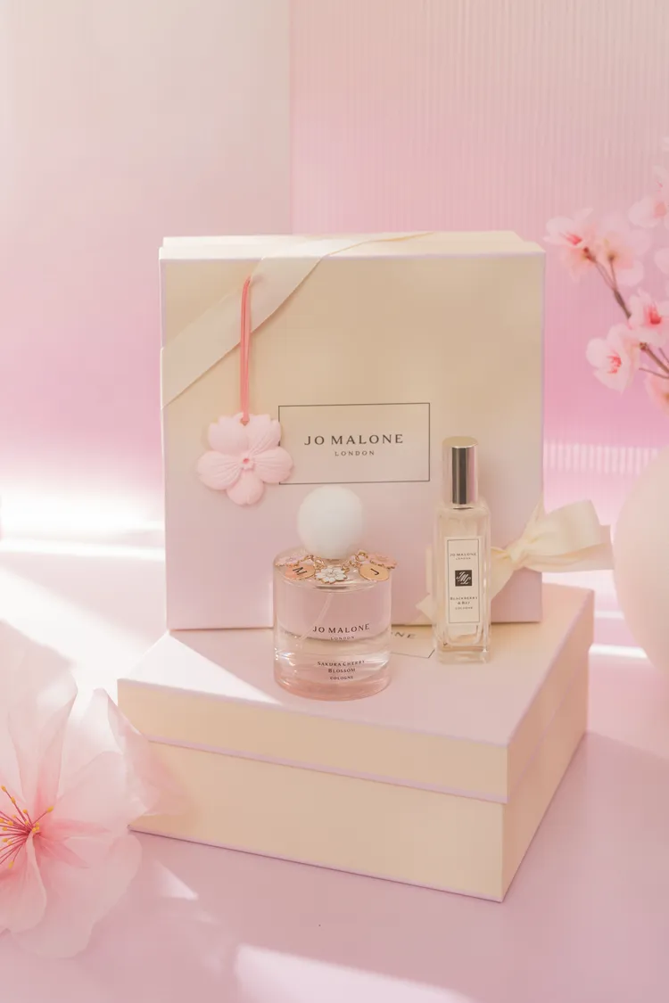 Jo Malone櫻花擴香石禮盒以及客製櫻花字母吊飾。品牌提供