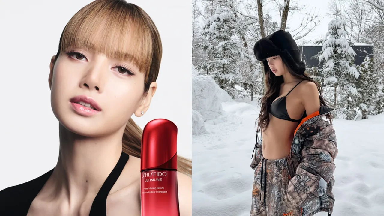 LISA成為資生堂（SHISEIDO）國際櫃「紅妍山茶花修護精華」全球代言人，她最愛的「小紅瓶」讓她在極度低溫肌膚依然吹彈可破。左圖品牌提供、右圖翻攝lalalalisa_m IG