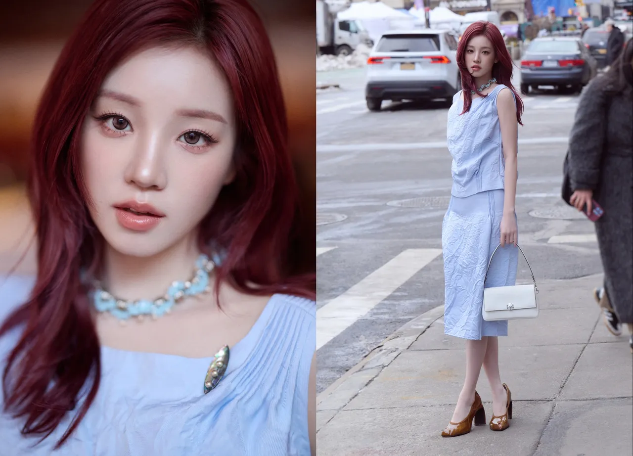 宋雨琦以莓果紅髮色搭配天藍色褶皺套裝，造型相當亮眼。品牌提供