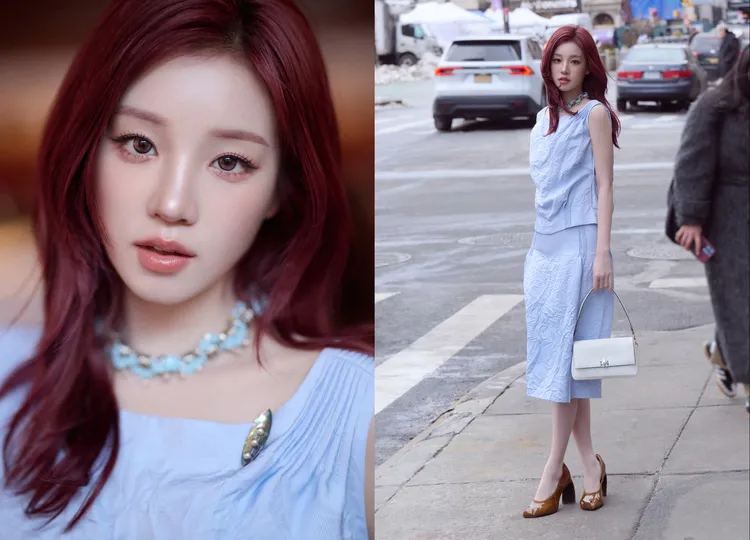 宋雨琦以莓果紅髮色搭配天藍色褶皺套裝，造型相當亮眼。品牌提供