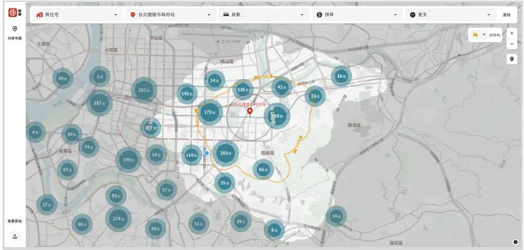 巷導科技首創「生活圈先決」的找房新標準，透過「等時線」功能提供。巷導科技提供