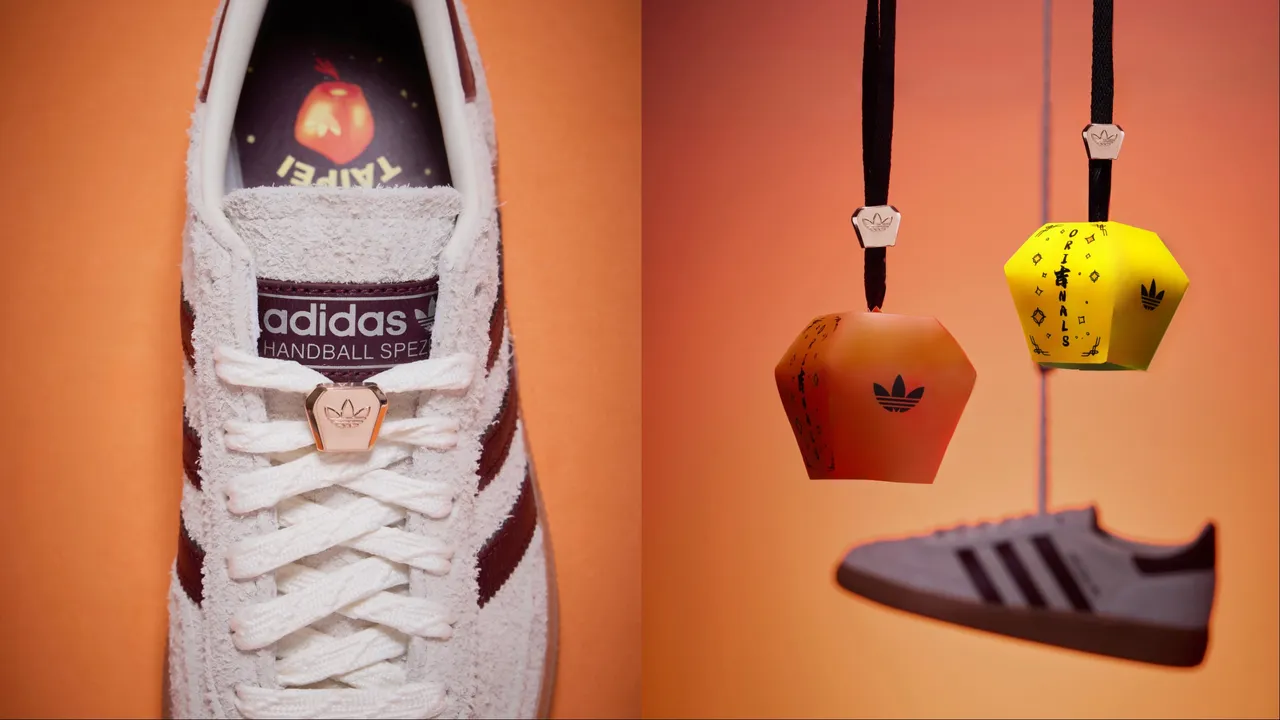 HANDBALL SPEZIAL鞋帶附有金色天燈扣飾，鞋舌內側隱藏手作摺紙小天燈。品牌提供