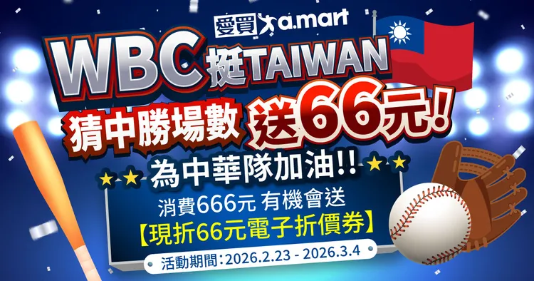 成功預測中華隊於賽事期間的勝投場次，即可獲得66元折價券。愛買提供
