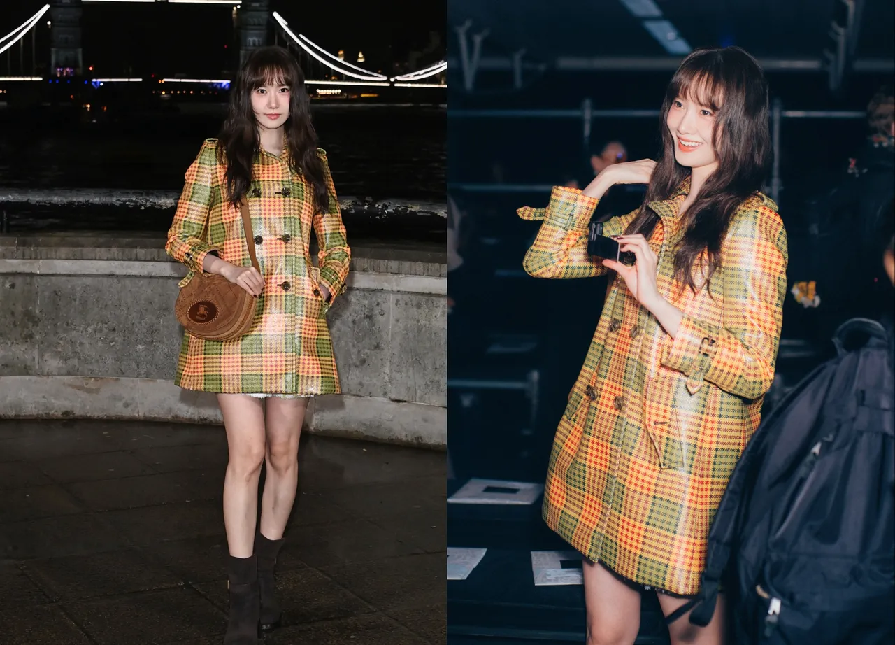 潤娥以一襲彩色風衣亮麗現身Burberry秀場。品牌提供