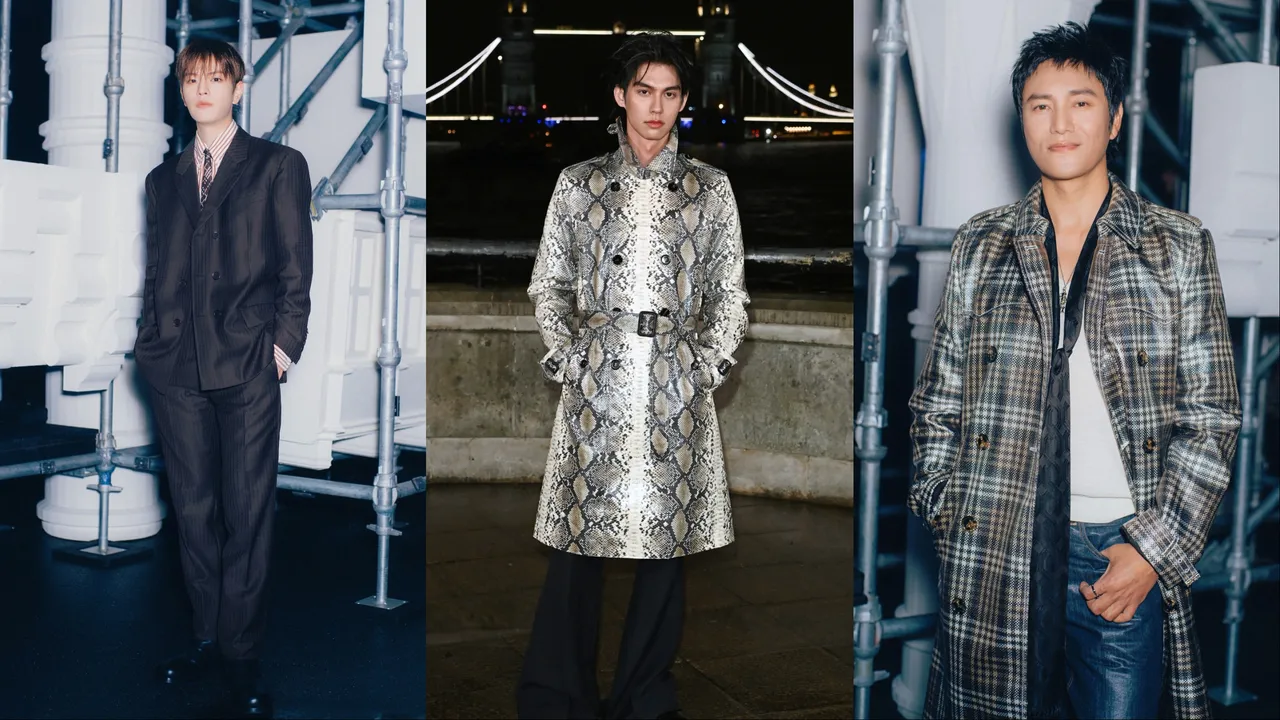 Stray Kids成員金昇玟（左起）、品牌大使泰星Bright、中國男星陳坤現身Burberry秀場。品牌提供