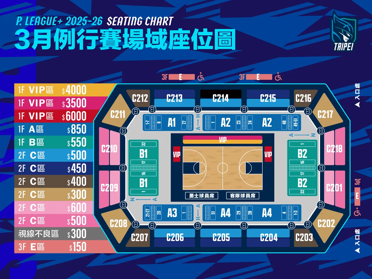 3月例行賽座位圖與票價。富邦勇士提供