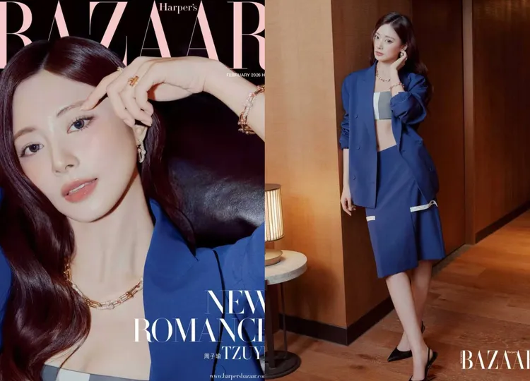 周子瑜大膽換上一套寶藍色中空剪裁西裝展現緊實腹肌線條。翻攝周子瑜IG