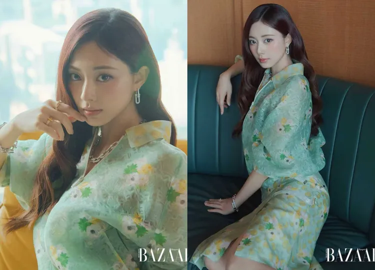 綠色花卉刺繡上衣與半身裙的組合讓女神化身春日花仙子。翻攝周子瑜IG