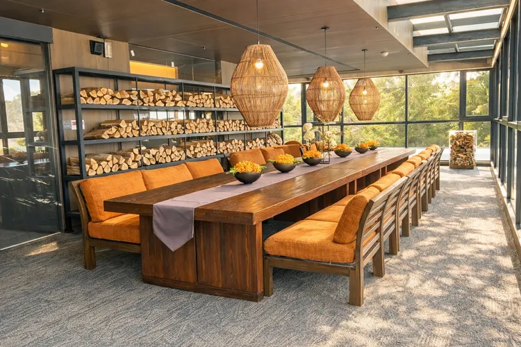 阿里山賓館頂級客房交誼廳，揉和木質與溫柔暖色系的愛馬仕橘，完美的住進晨曦和日落。阿里山賓館提供