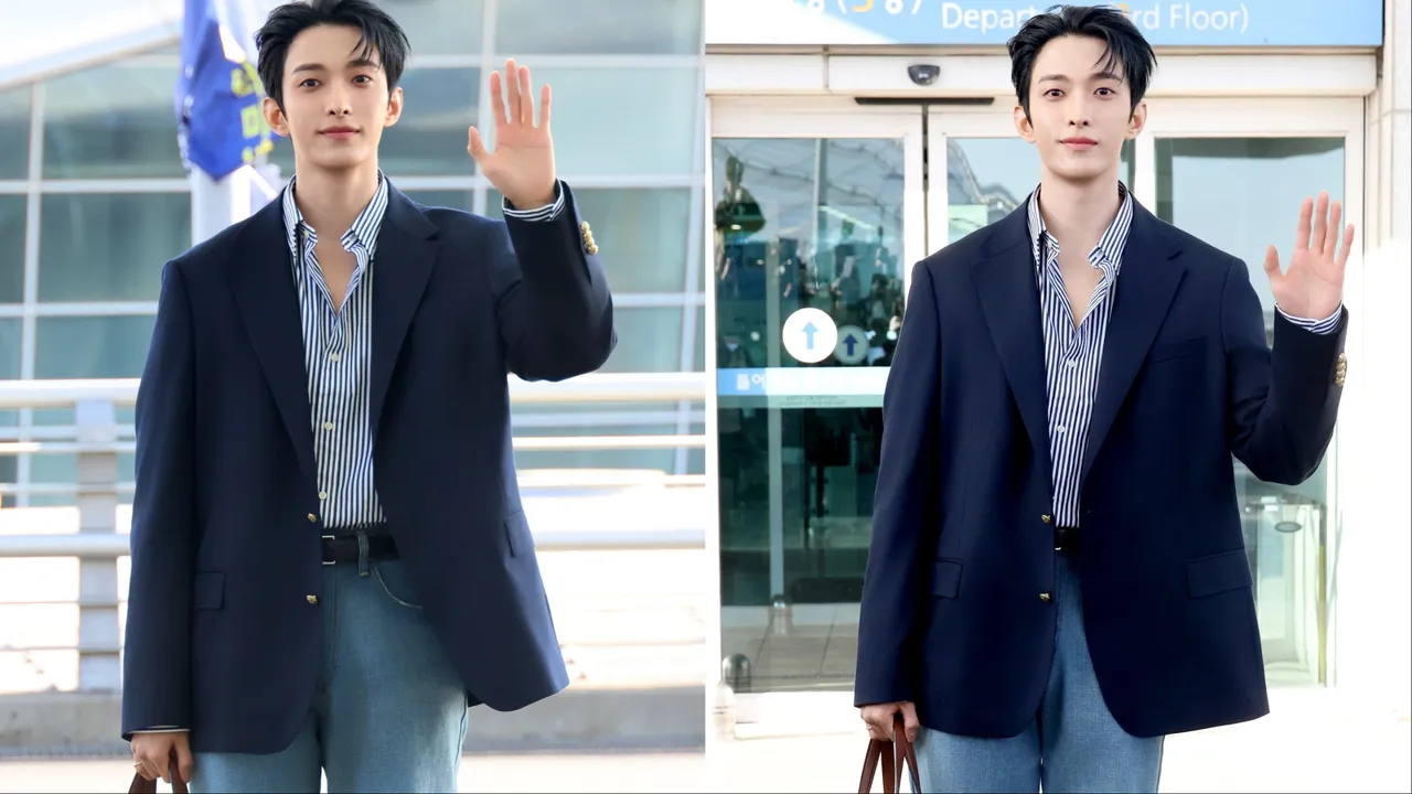 SEVENTEEN李碩珉以Ralph Lauren海軍藍西裝外套、經典條紋襯衫、牛仔褲帥氣現身機場。品牌提供