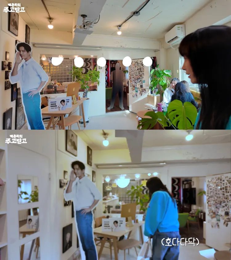 李奈映對著元斌的看板鞠躬後，快速逃離現場。翻攝YouTube