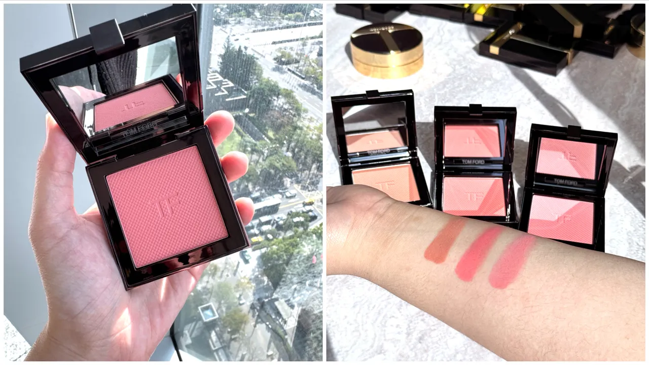 TOM FORD立體光影頰彩盤，右圖為推薦色（左至右#Tawny Veil、#Crushed Rose、#Golden Peach），2100元。張家玲攝