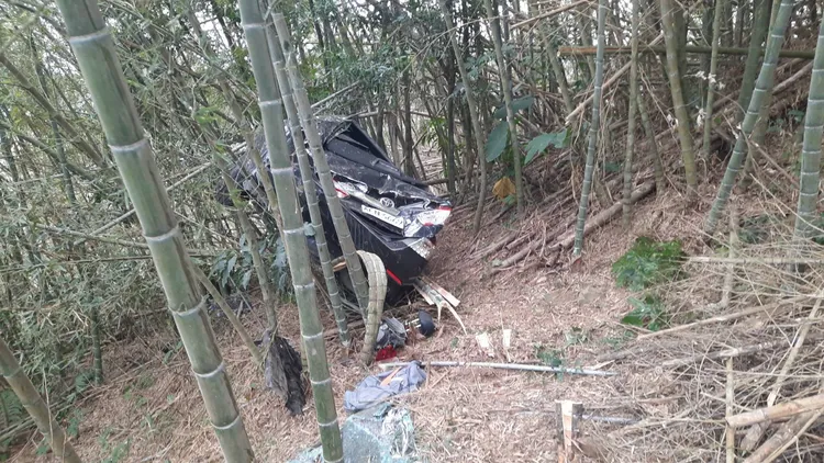 謝東哲曝光車禍後的車輛卡在竹叢中，險些跌落百公尺深谷情形。翻攝自謝東哲臉書