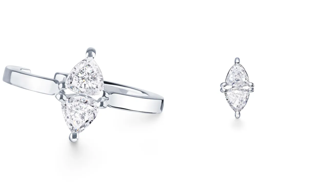 AHKAH cerf-volant鉑金鑽石耳骨夾（左圖）3萬400元、鉑金鑽石耳環（右圖）2萬4900元。品牌提供