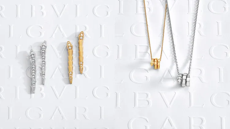 寶格麗Serpenti Viper系列耳環（左圖）、Serpenti Viper系列項鍊（右圖）。品牌提供