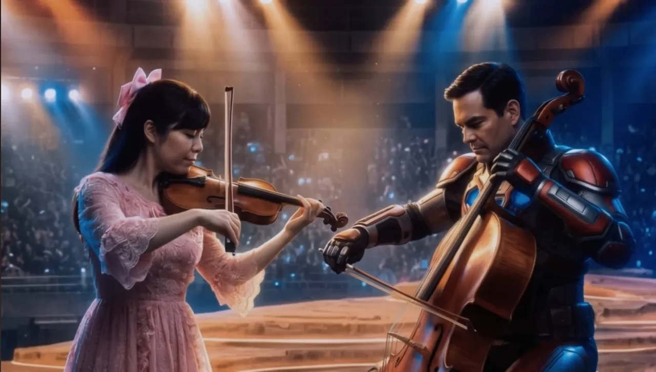 日本經濟安保大臣小野田紀美以「喬琪姑娘」扮相演奏小提琴、美國國務卿盧比歐化身「火星大王」拉大提琴。印太戰略智庫提供。