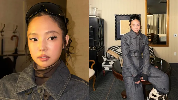 Jennie以超帥丹寧連身褲裝搭配滑雪鏡，整個人超級有型。翻攝Jennie IG