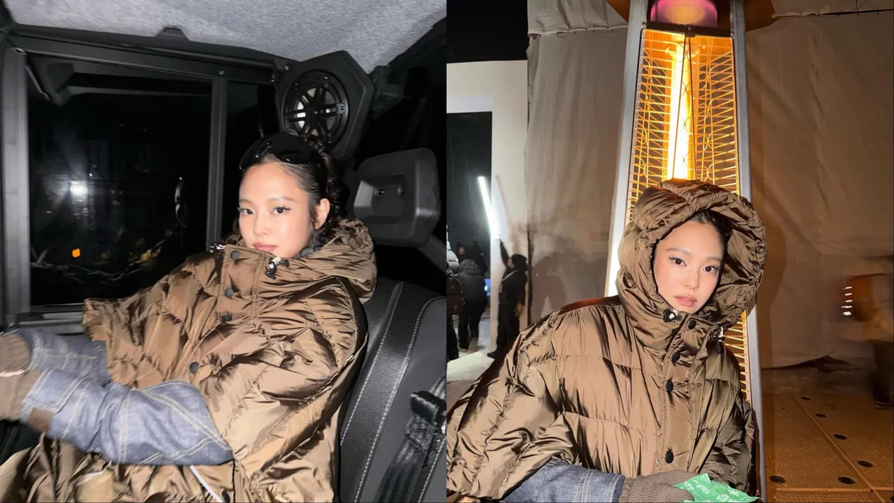 Jennie身披咖啡色羽絨斗篷、駕駛雪地電單車準備去看秀。翻攝Jennie IG
