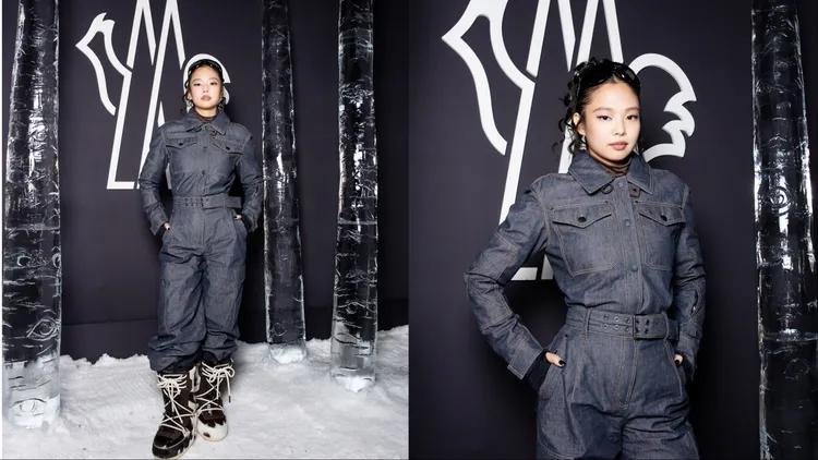 Jennie換上一身丹寧連身滑雪服，並以腰帶設計勾勒出窈窕身形。品牌提供