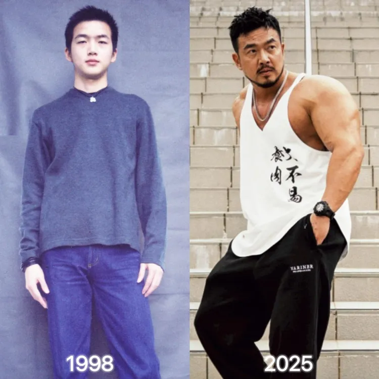 李沛旭積極投入健美行列，和舊照對比相差甚大。年代提供