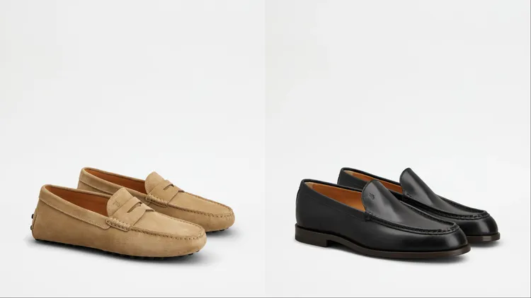 TOD'S棕色麂皮豆豆鞋（左）2萬6900元、黑色皮革踩跟樂福鞋（右）3萬3900元。品牌提供