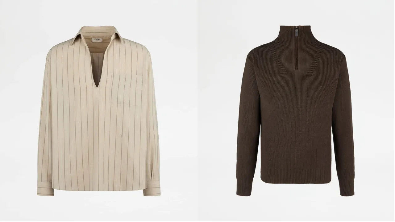 TOD'S條紋真絲襯衫（左）4萬9900元、棕色真絲混紡半拉鍊套頭衫（右）4萬5900元。品牌提供