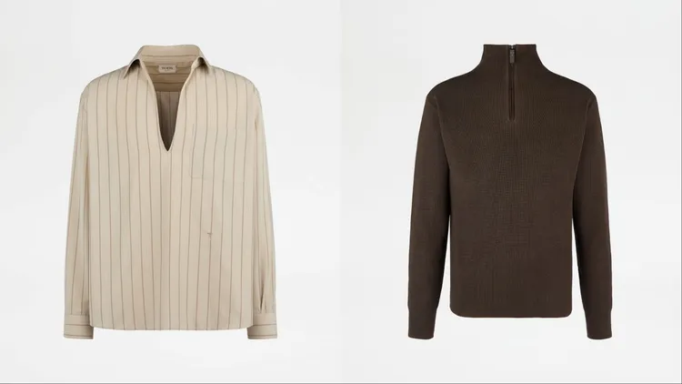 TOD'S條紋真絲襯衫（左）4萬9900元、棕色真絲混紡半拉鍊套頭衫（右）4萬5900元。品牌提供