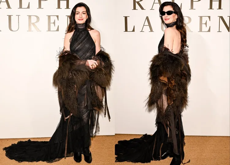 安海瑟薇穿著異材質全黑高領削肩禮服，一轉身辣露整片美背。翻攝安海瑟薇IG