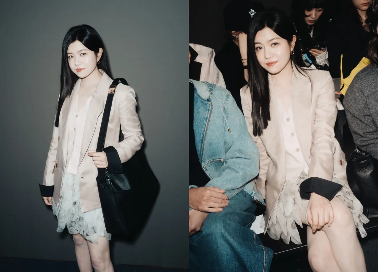 陳妍希穿著Max Mara米色西裝外套搭配雪紡短裙，將精緻剪裁與輕盈少女感完美融合。品牌提供