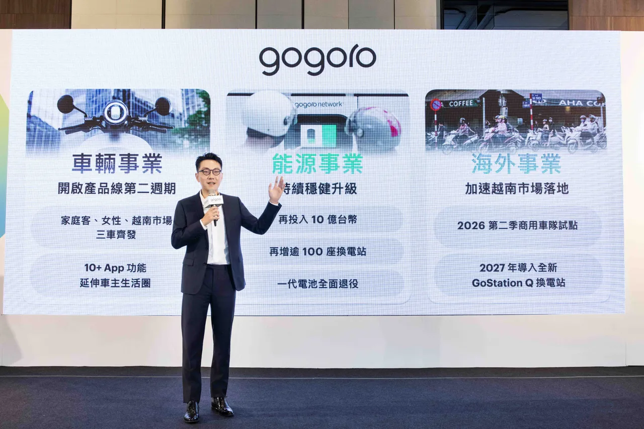 Gogoro執行長姜家煒說明2026年營運規劃，從車輛、能源與海外三大事業同步推進，強調在財務體質改善基礎上，將加速產品分眾與能源網路布局。Gogoro提供