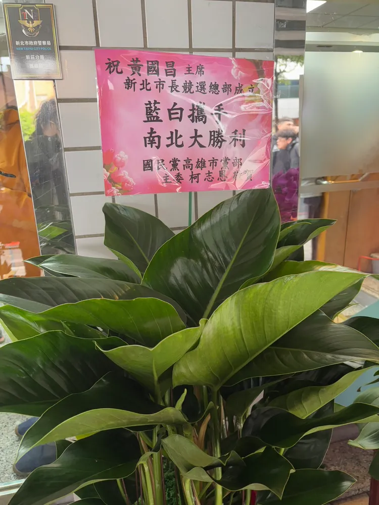 國民黨高雄市黨部主委柯志恩的花籃落款「藍白攜手 南北大勝利」。邱筠媜攝