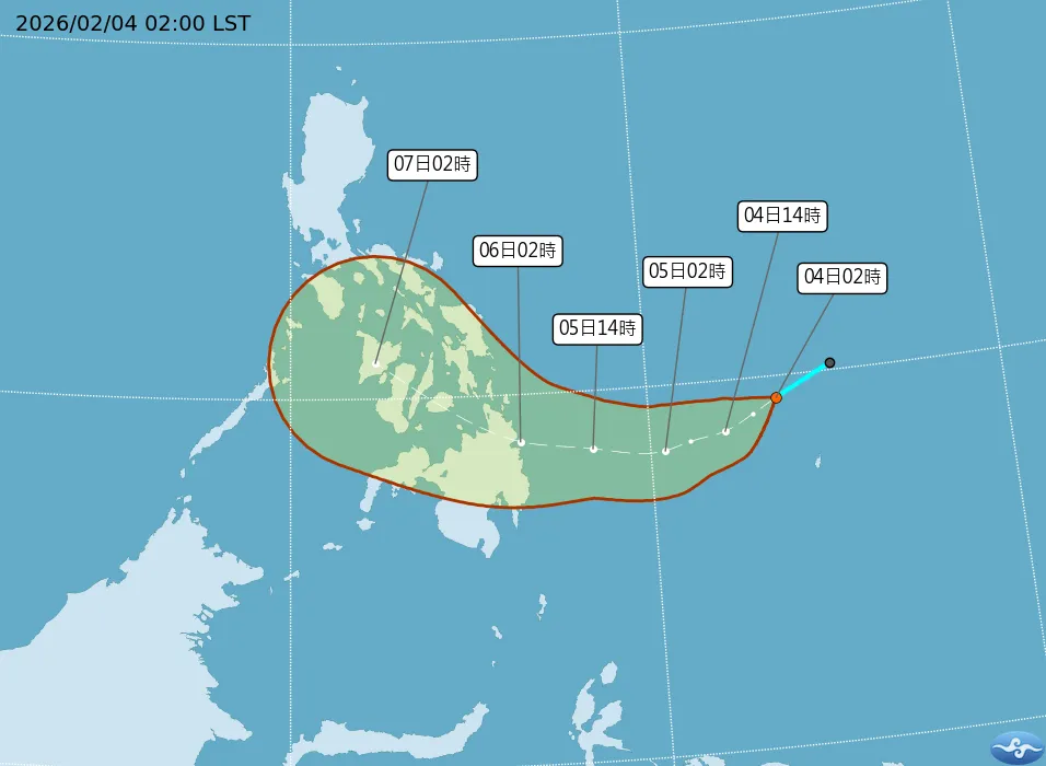 位於菲律賓東南方海面的熱帶性低氣壓，最快今晚增強為今年第2號颱風「西望洋」。中央氣象署