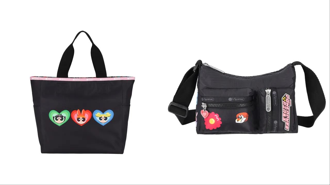 LeSportsac X 飛天小女警大型雙面托特包（左）6400元、飛天小女警多口袋小型肩背包（右） 5500元。品牌提供