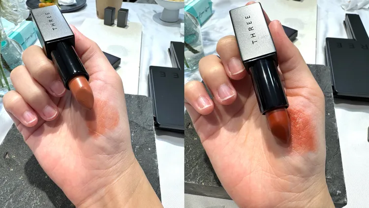 THREE夢幻柔光唇膏#07（左）、#08（右），各1300元。張家玲攝