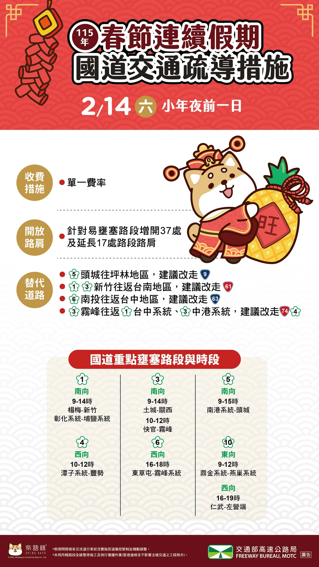 今日國道交通疏導措施。高公局提供