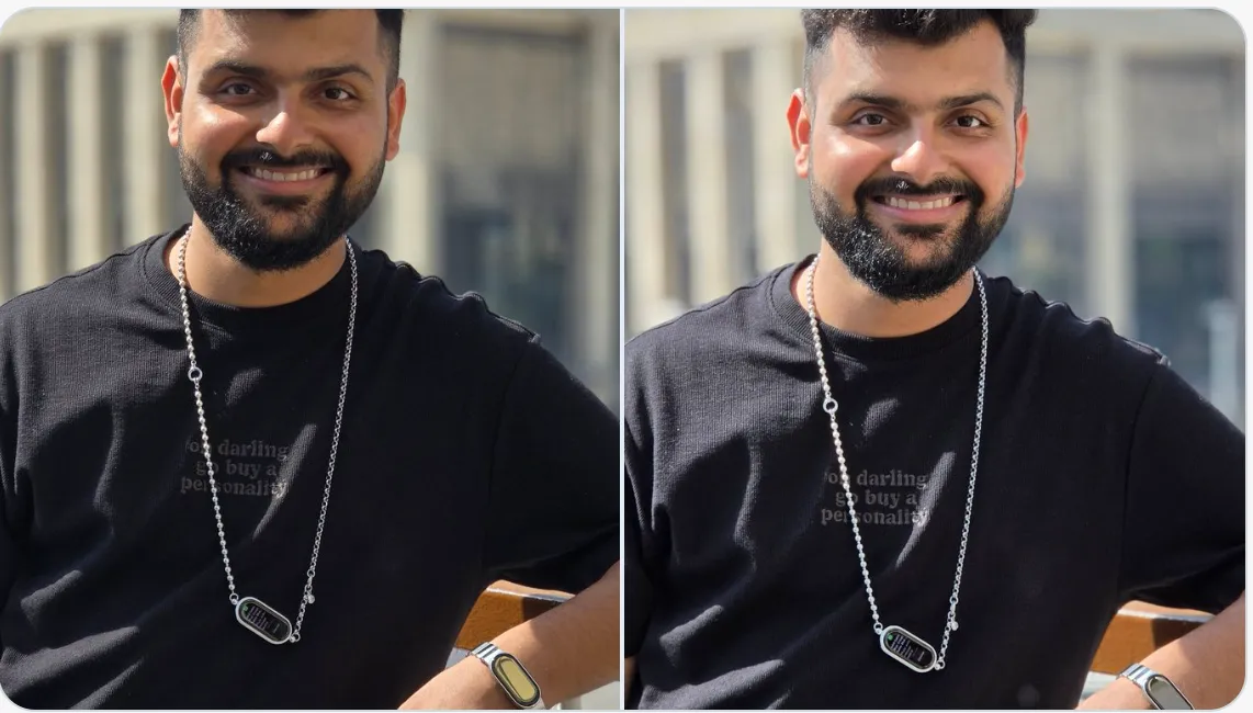 人像實拍對比（左為Samsung Galaxy S25 Ultra、右為Samsung Galaxy S26 Ultra），S26 Ultra臉部提亮與細節銳化更明顯，膚色偏暖且對比更高。Sahil Karoul X